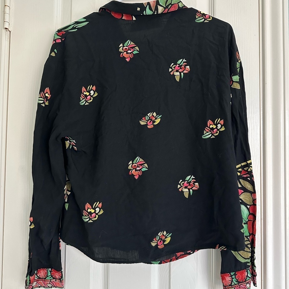 Marsha Brander Componix Black Blouse Vintage Floral Art To Wear Rayon Size 8 - Picture 4 of 4